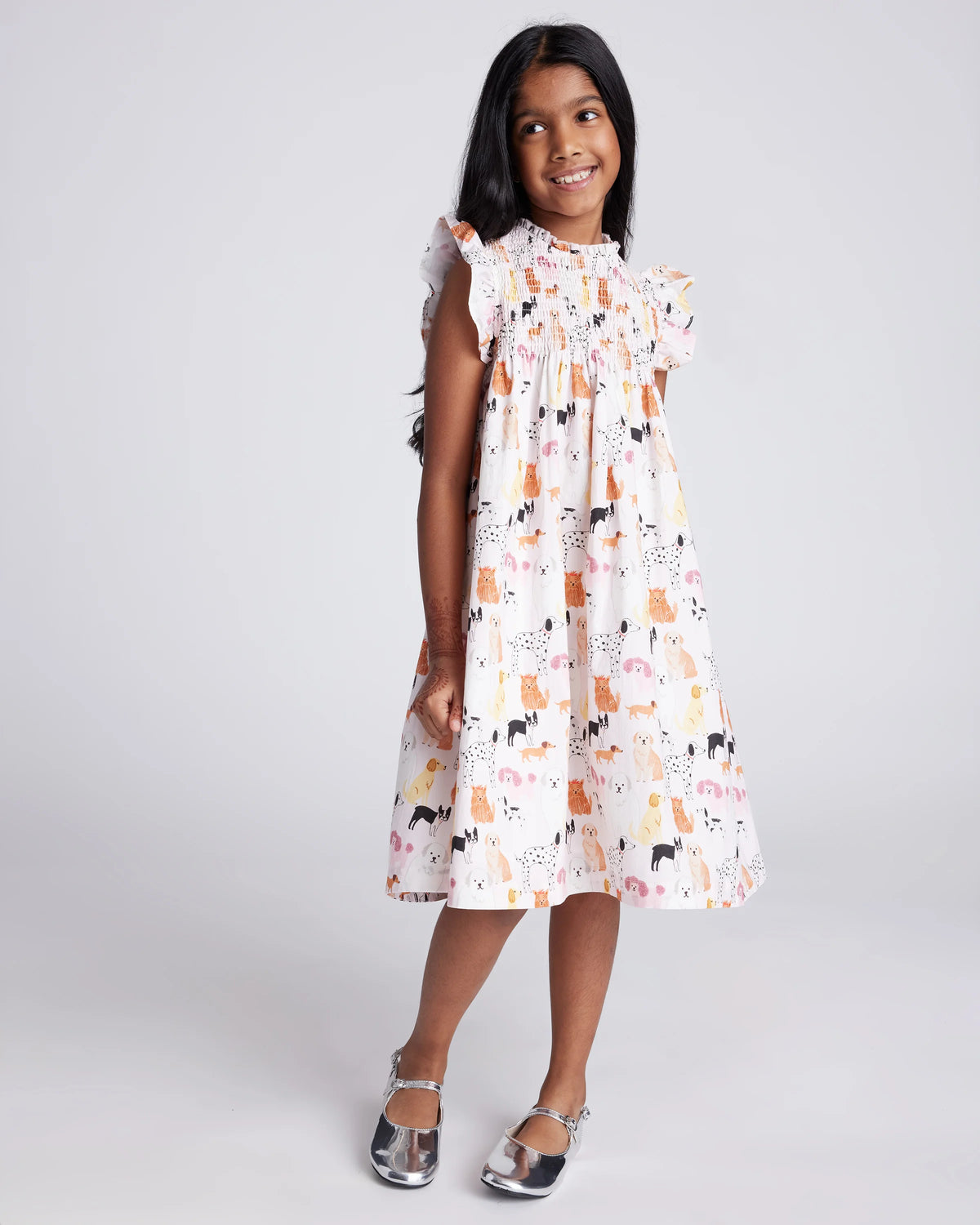 100% Organic Cotton Poplin Smocked Flutter Sleeve Dress - 6 / Blue Ditsy Floral