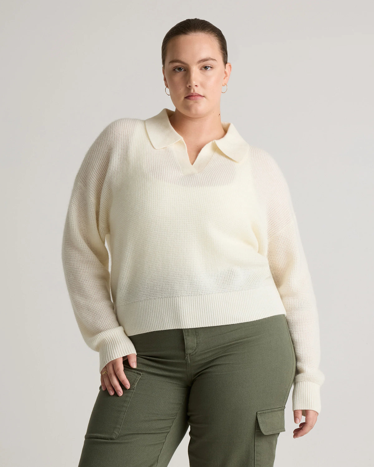 Baby Alpaca-Wool Waffle Stitch Polo Sweater - XS / Ivory