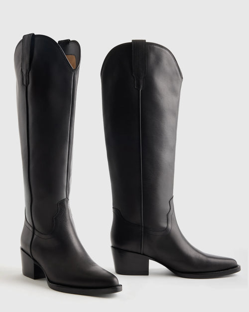 Italian Leather Tall Western Boots - 5 / Black