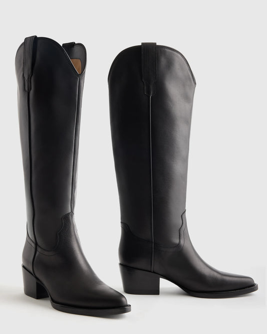 Italian Leather Tall Western Boots - 5 / Black