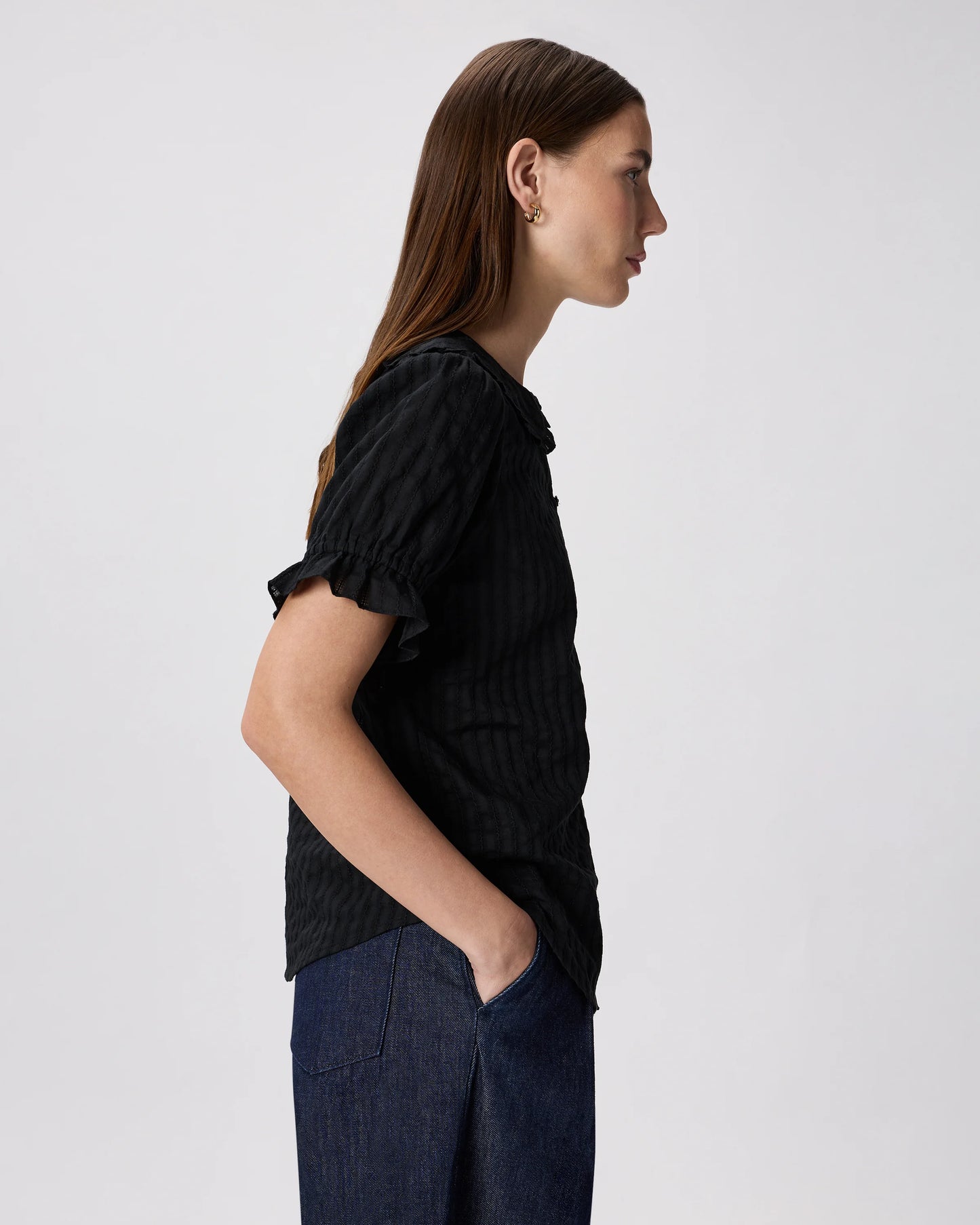 Embroidered Cotton Ruffle Collar Short Sleeve Blouse - XS / Classic White