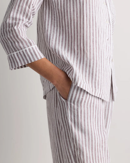 100% European Linen Long Sleeve Pajama Set with Piping - XS / Taupe Brown Gingham