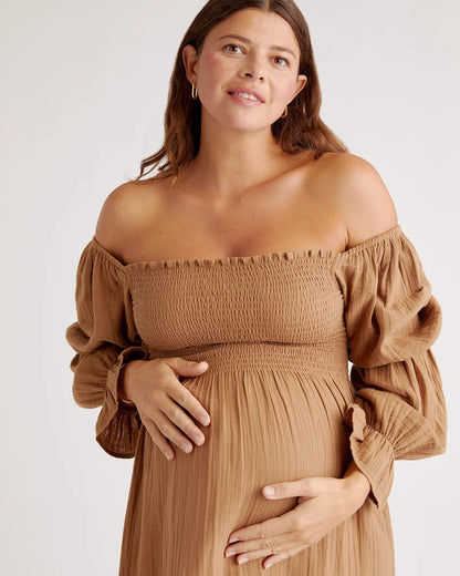 100% Organic Cotton Gauze Maternity Smocked Midi Dress - XS / Wild Cherry