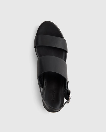 Italian Leather Double Band Block Heel Sandal - 5 / Black