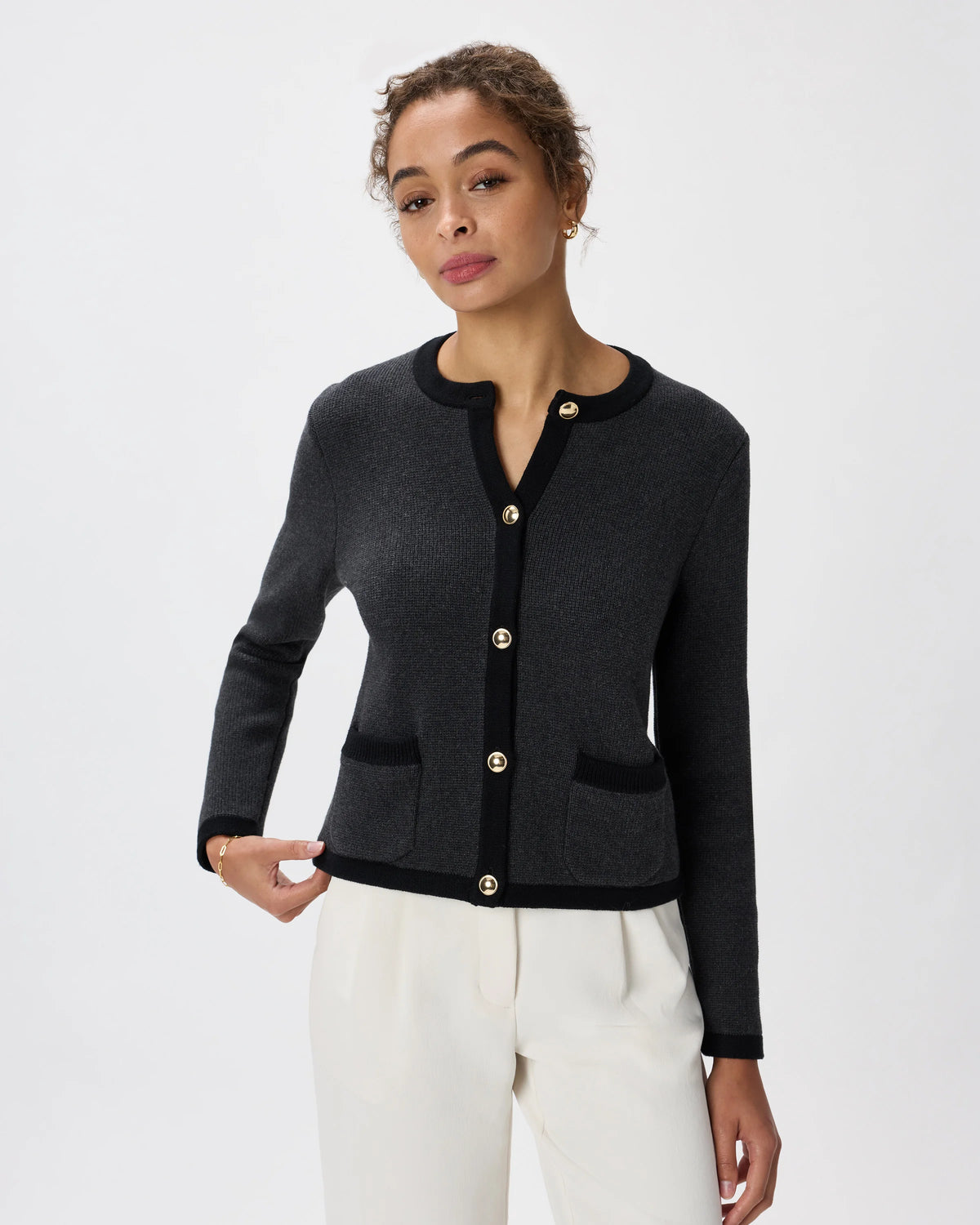 100% Organic Cotton Sweater Jacket - XS / Black/Ivory Colorblock