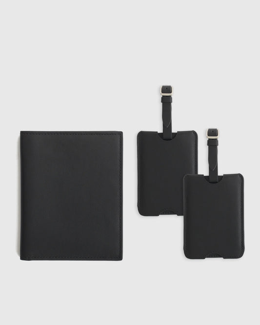 Nappa Leather RFID Blocking Passport Holder & Luggage Tags Set - One Size / Black