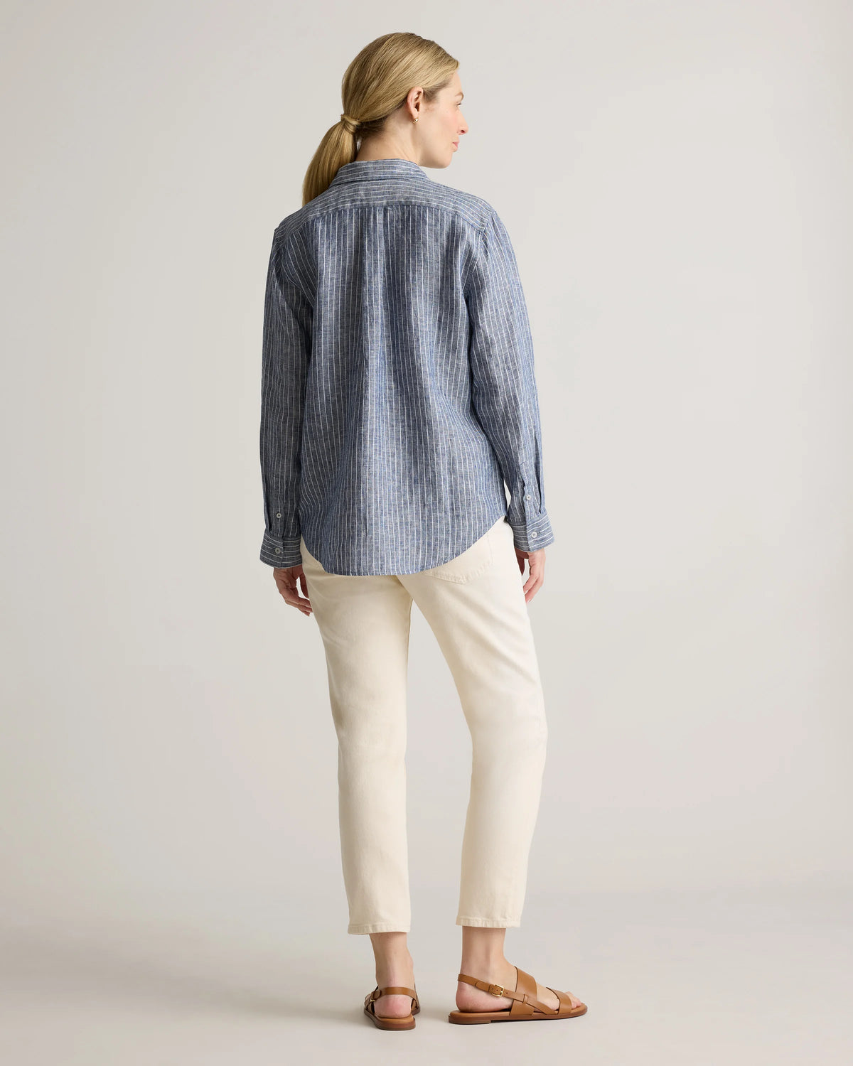 100% European Linen Maternity Long Sleeve Shirt - XS / Blue Pinstripe