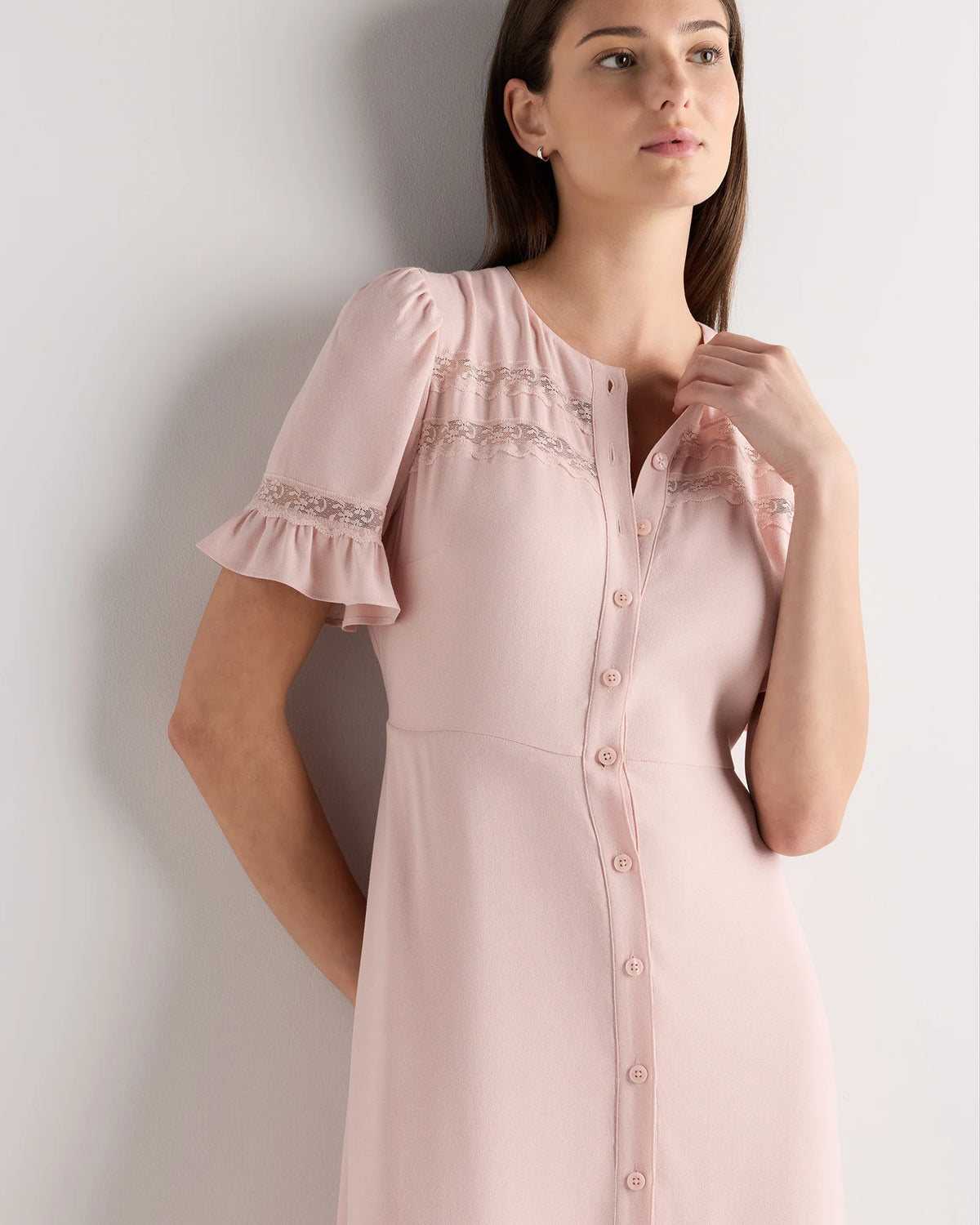 Lightweight Crepe Lace Inset Midi Dress - XS / Moonstone Blue