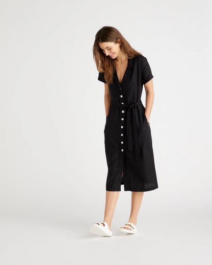 100% European Linen Button Front Dress - XS / Sky Blue Mariner Stripe