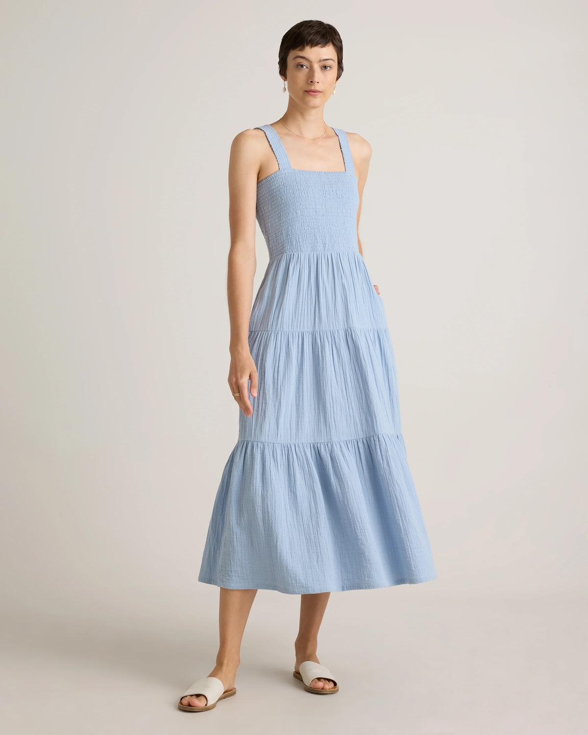 100% Organic Cotton Gauze Smocked Sleeveless Maxi Dress - XS / Blue Gingham