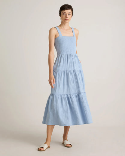 100% Organic Cotton Gauze Smocked Sleeveless Maxi Dress - XS / Blue Gingham