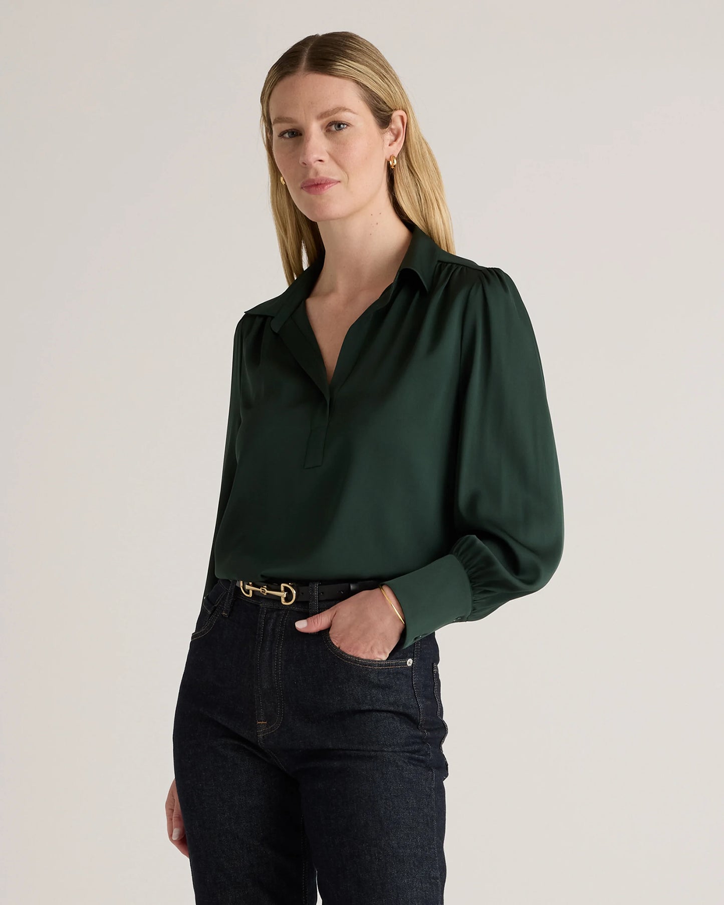 Washable Stretch Silk Split Neck Blouse - XS / Forest Green