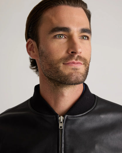 100% Washed Leather Bomber Jacket - S / Black