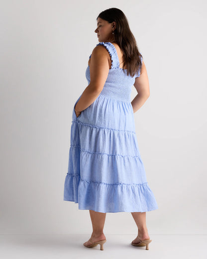 100% European Linen Smocked Midi Dress - 1X / Flax