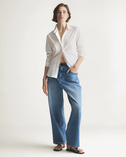 100% Organic Cotton Poplin Long Sleeve Shirt - XS / Delta Blue Double Stripe