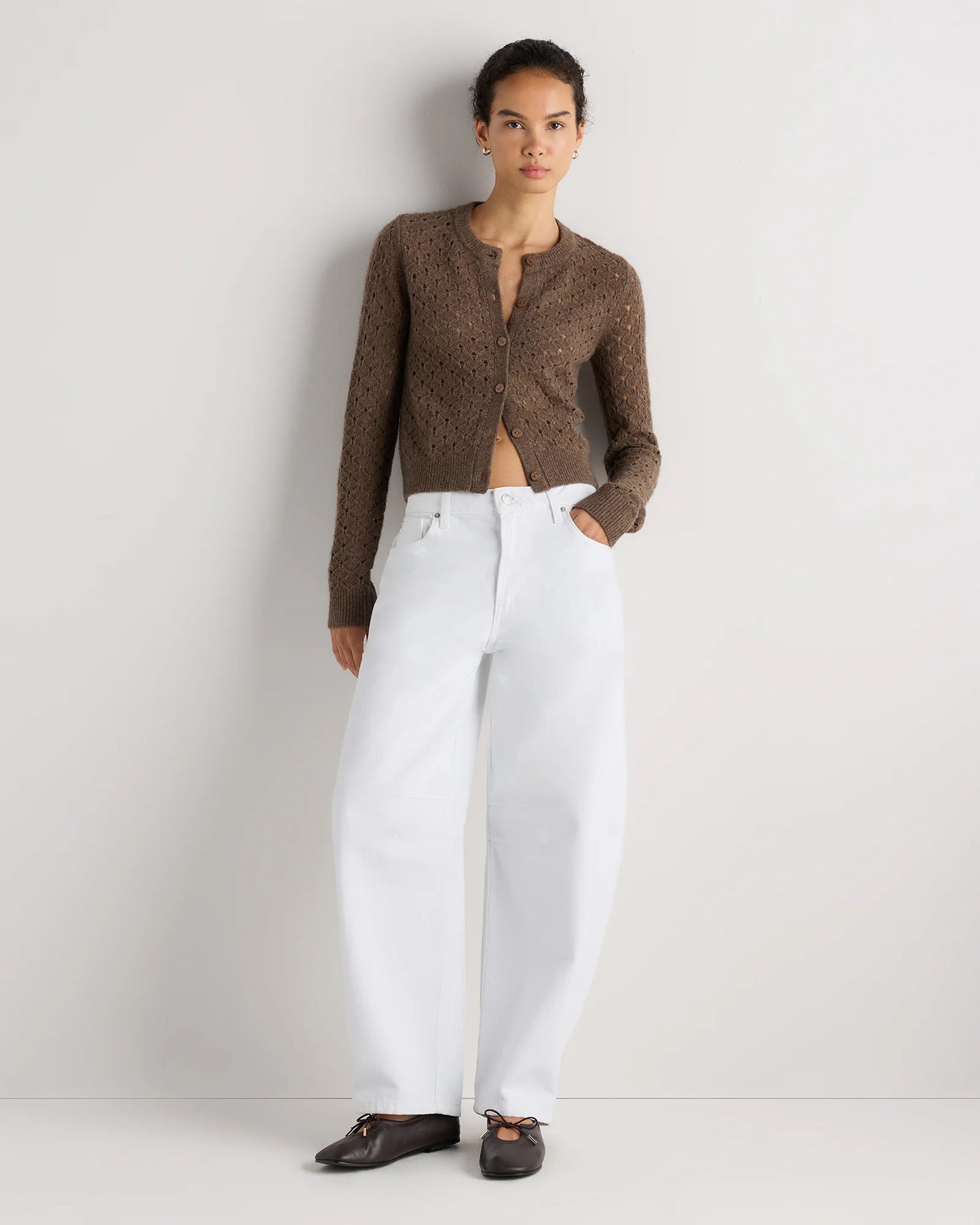 100% Yak Wool Pointelle Detail Cardigan - XS / Heather Brown