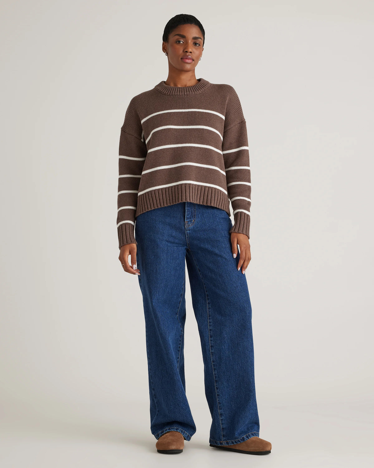 100% Organic Cotton Striped Crew Sweater - XS / Heather Brown/Ivory