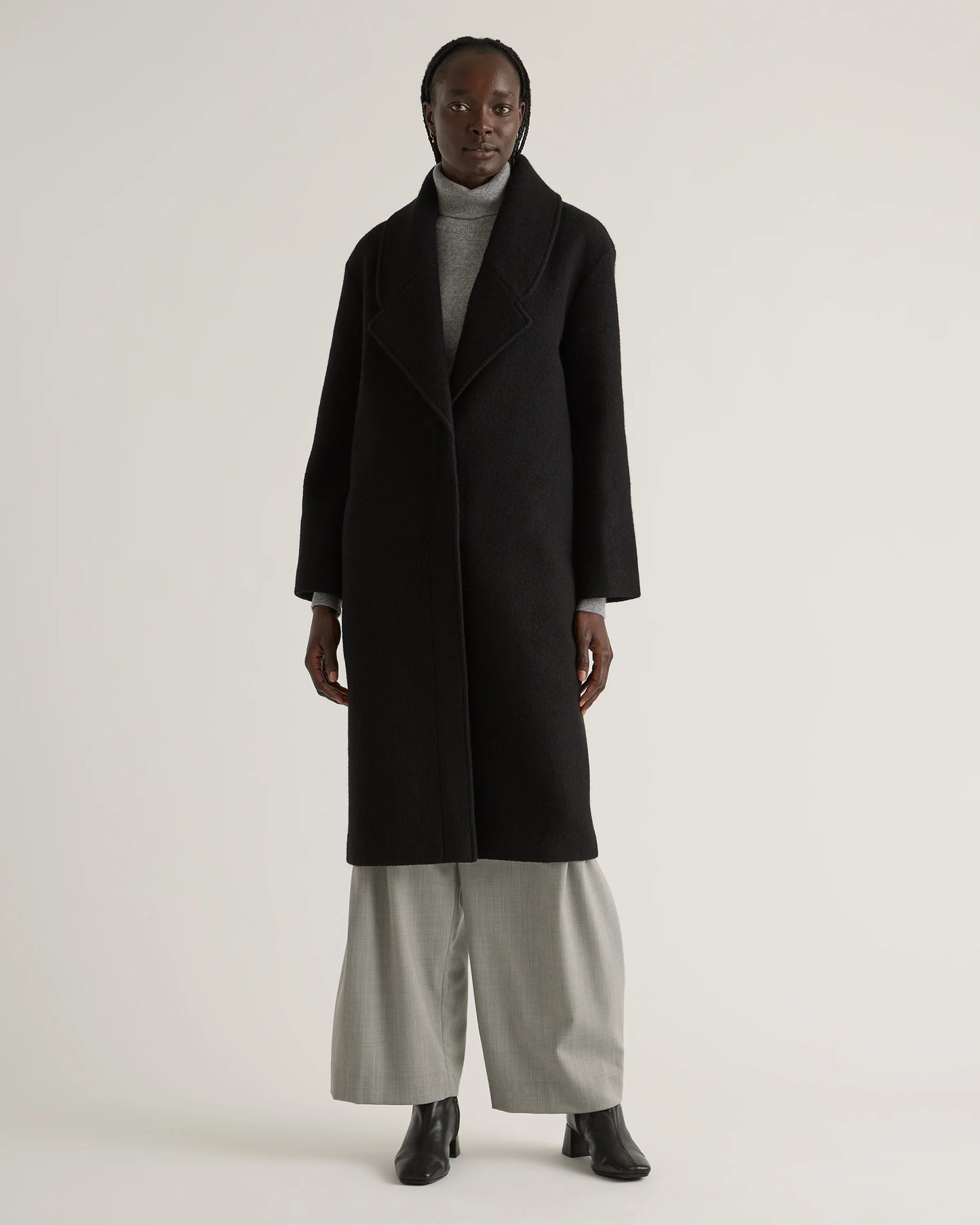 100% Merino Wool Shawl Collar Long Coat - XS / Heather Bone