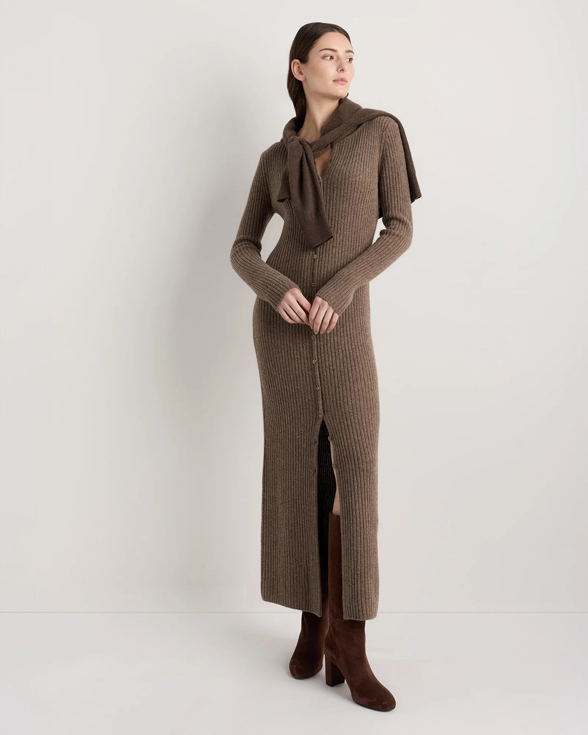 100% Yak Wool Ribbed Cardigan Sweater Dress - XS / Heather Brown