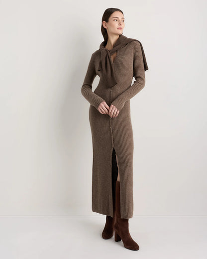 100% Yak Wool Ribbed Cardigan Sweater Dress - XS / Heather Brown