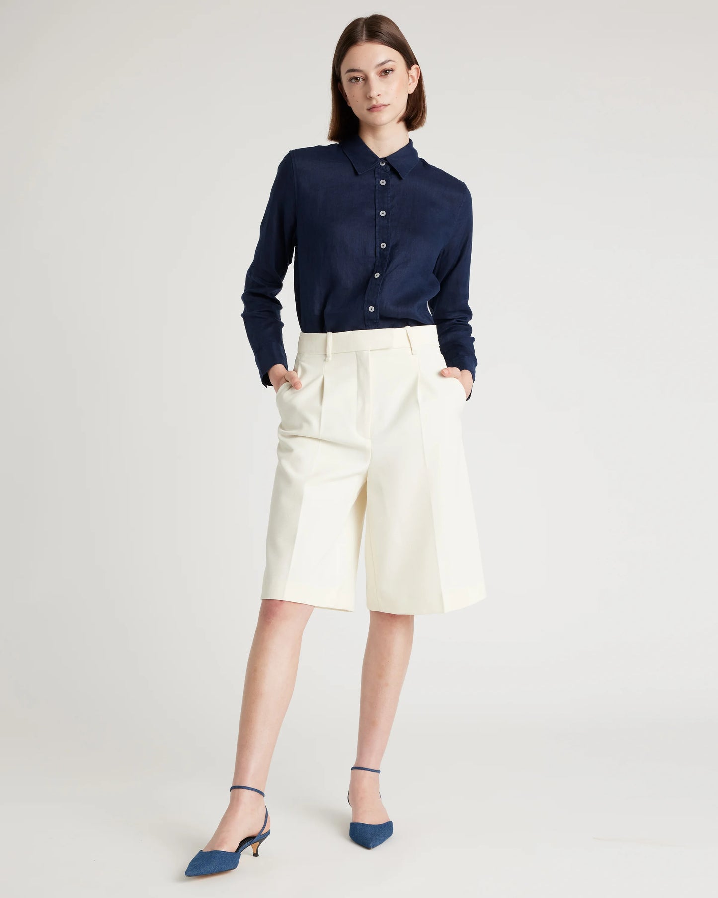 100% European Linen Long Sleeve Shirt - XS / Blue Pinstripe