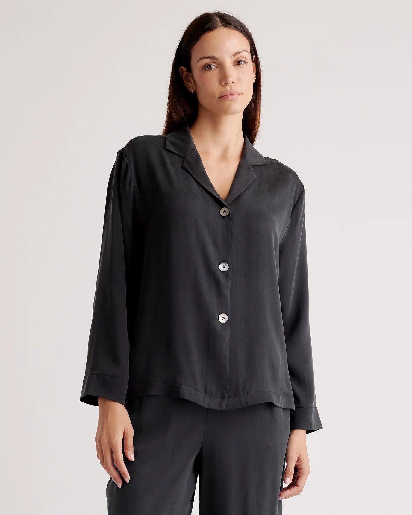 100% Washable Silk Pajama Long Sleeve Top - XS / Black
