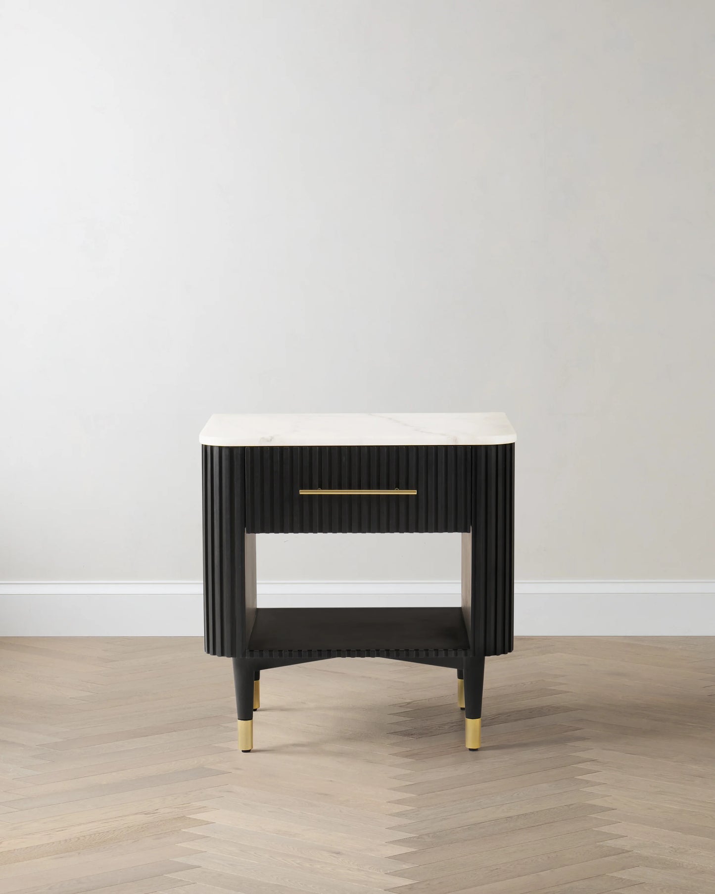 Fluted Wood and Genuine Marble Open Nightstand - One Size / Cream/Black