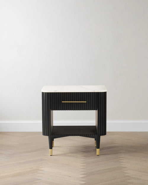 Fluted Wood and Genuine Marble Open Nightstand - One Size / Cream/Black