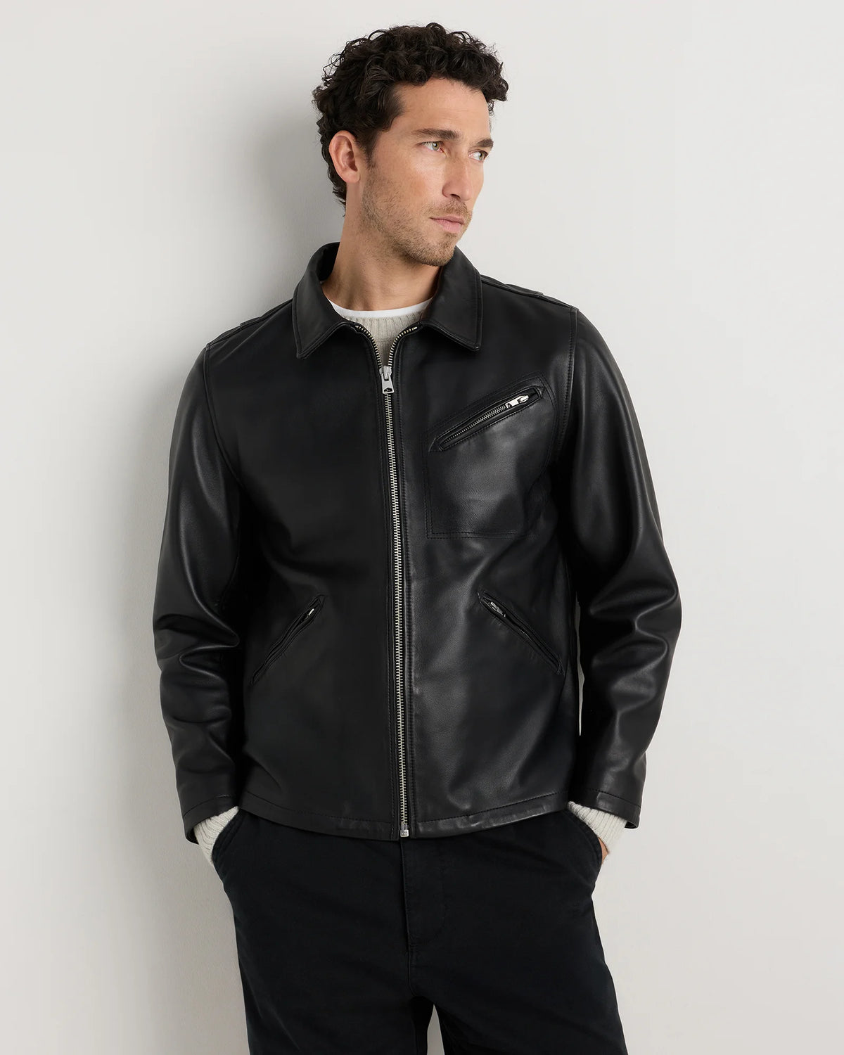 100% Washed Leather Moto Jacket - S / Dark Cognac Brown