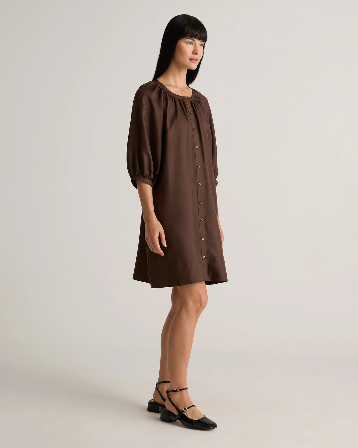 100% Silk Twill Button Front Mini Dress - XS / Hot Fudge