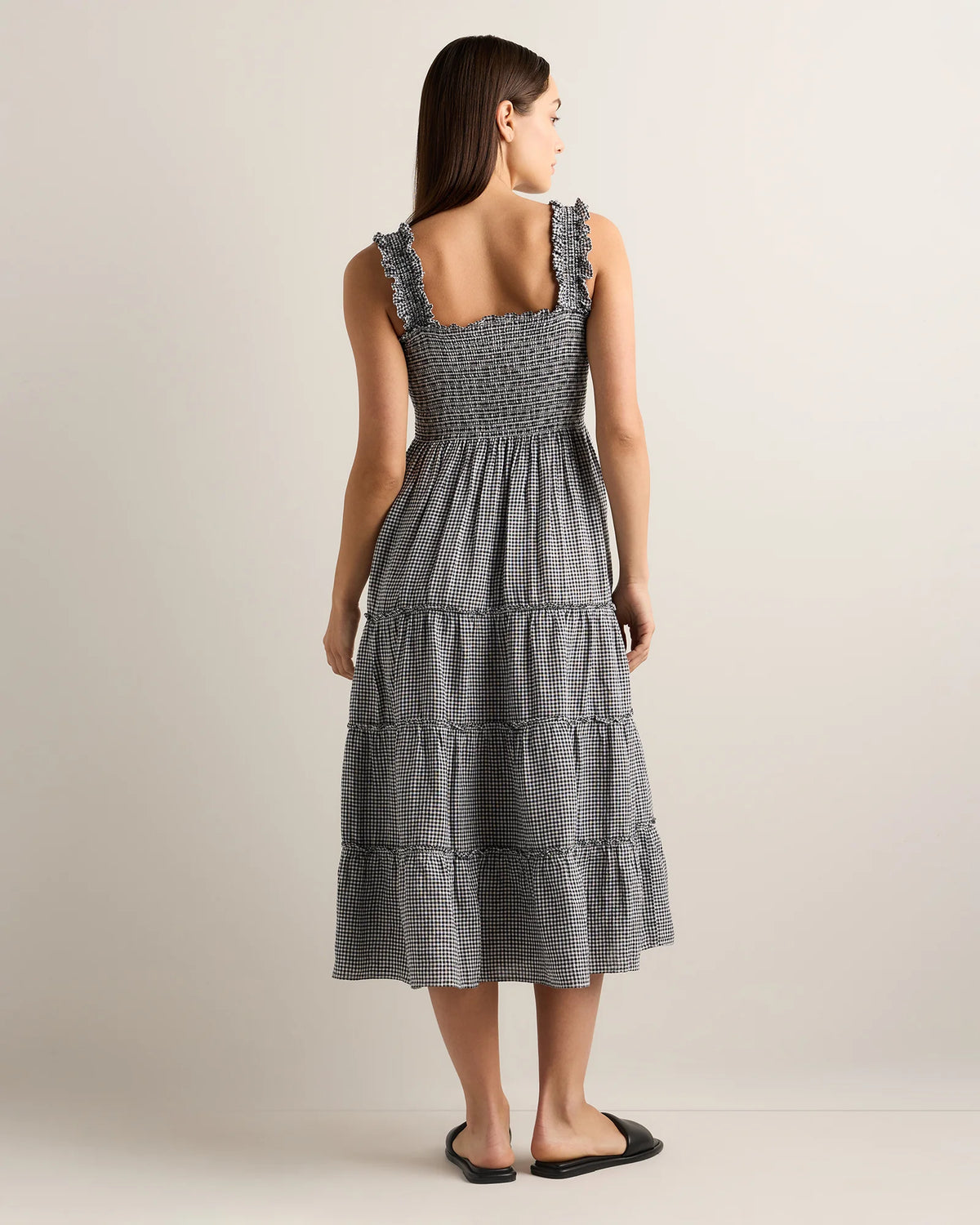 100% European Linen Smocked Midi Dress - XS / Ivory Porcelain Blue Petite Floral