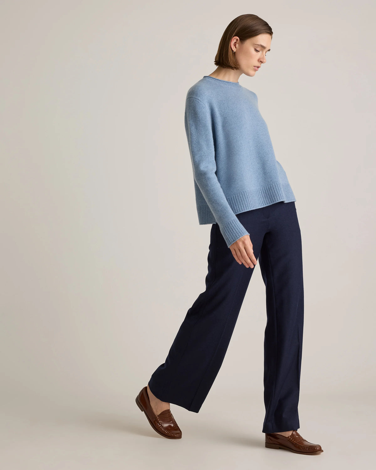 Mongolian Cashmere Boxy Crewneck Sweater - XS / Faded Denim/Brown/Ivory Variegated Stripe