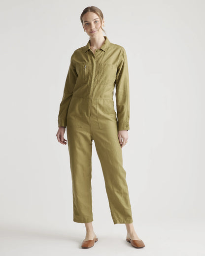 Cotton Linen Twill Long Sleeve Coverall Jumpsuit - XS / Army Green