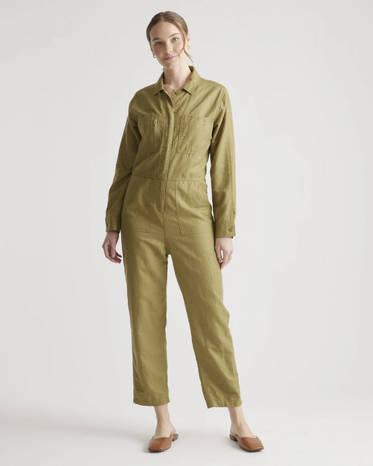 Cotton Linen Twill Long Sleeve Coverall Jumpsuit - XS / Army Green