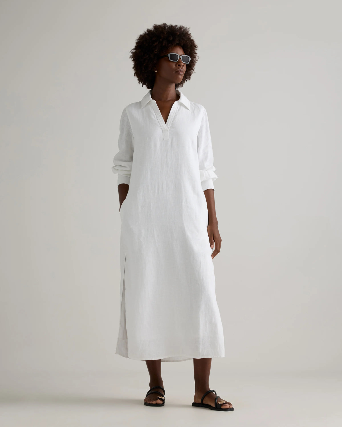 100% European Linen Popover Maxi Dress - XS / Blue Pinstripe
