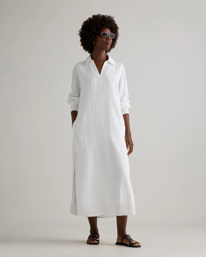100% European Linen Popover Maxi Dress - XS / Blue Pinstripe