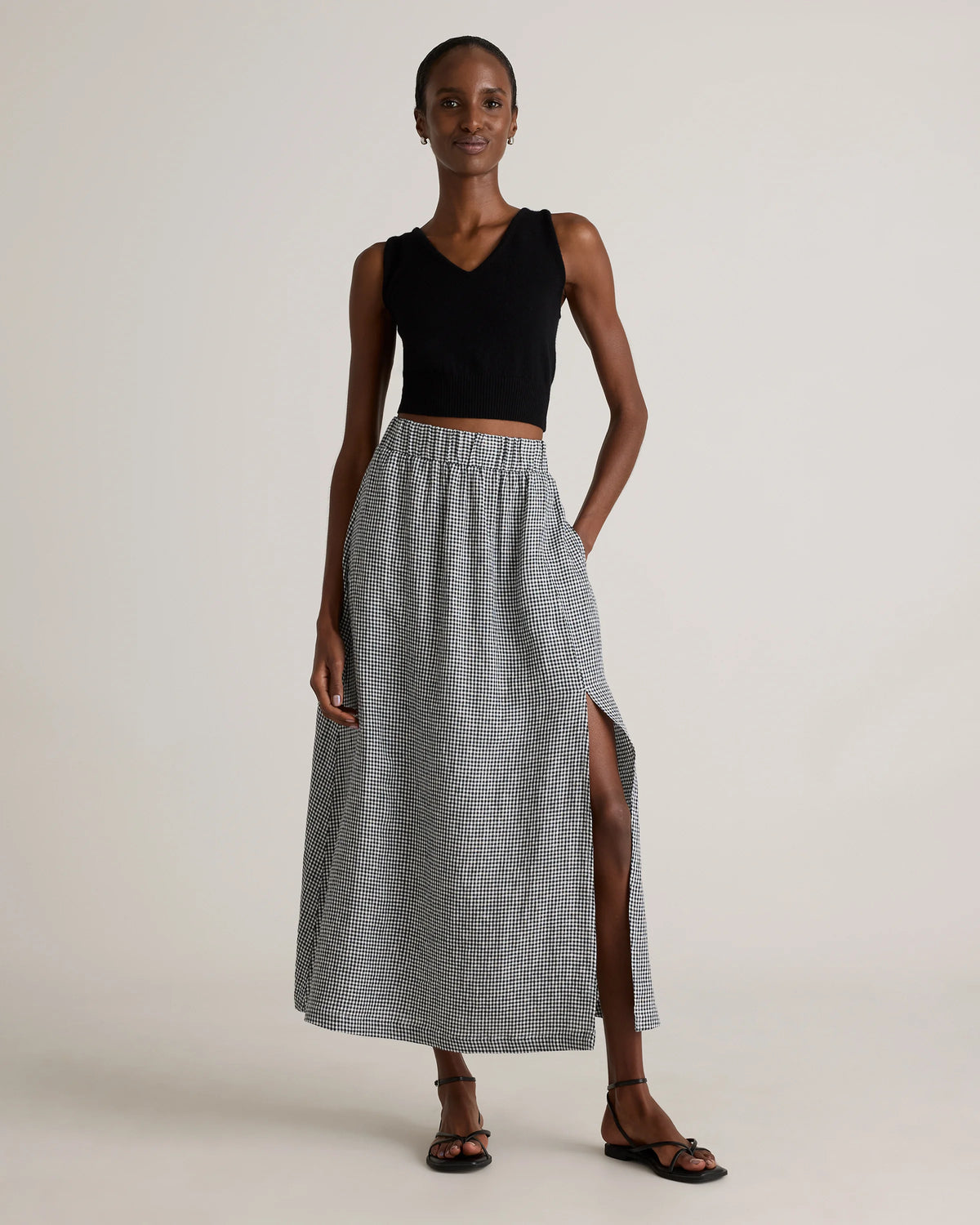 100% European Linen Maxi Skirt - XS / Classic Mini Gingham