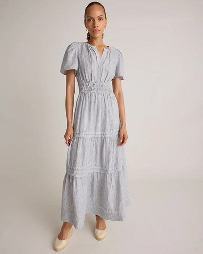 100% European Linen Tiered Maxi Dress - XS / Ivory Porcelain Blue Petite Floral