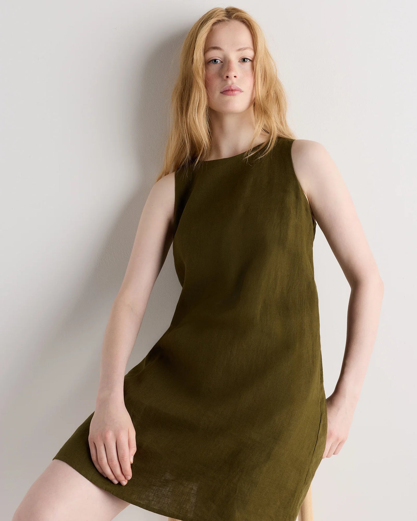 100% European Linen Tank Mini Dress - XS / Martini Olive