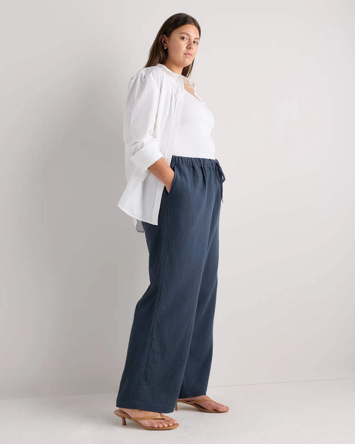 100% Organic Cotton Gauze Straight Leg Pants - 1X / Indigo Blue
