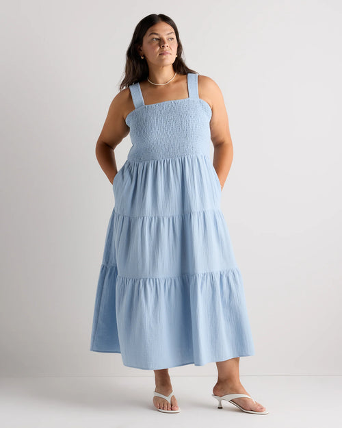 100% Organic Cotton Gauze Smocked Sleeveless Maxi Dress - 1X / Ocean Breeze