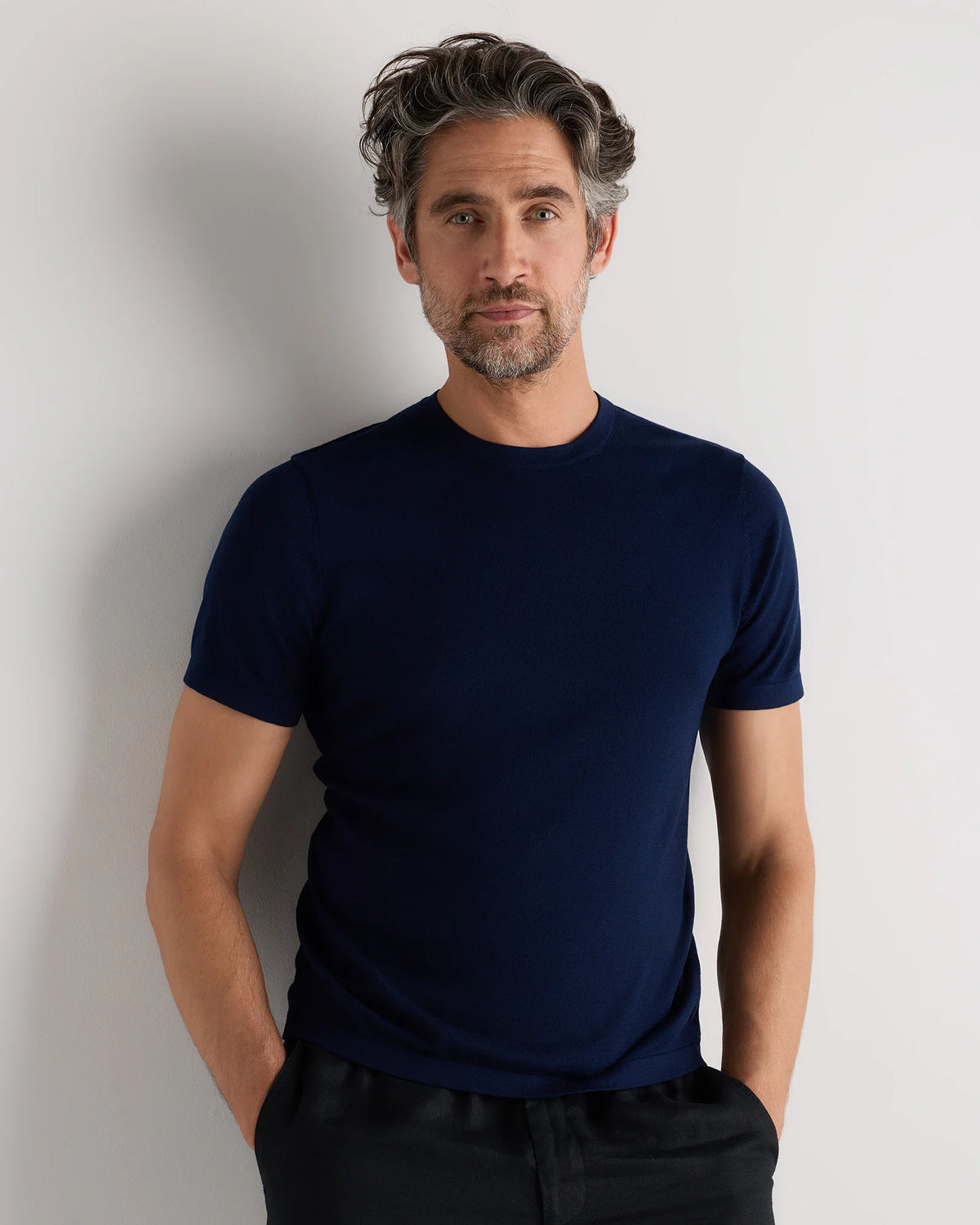 Cotton-Silk Short Sleeve Crewneck Sweater - S / Navy