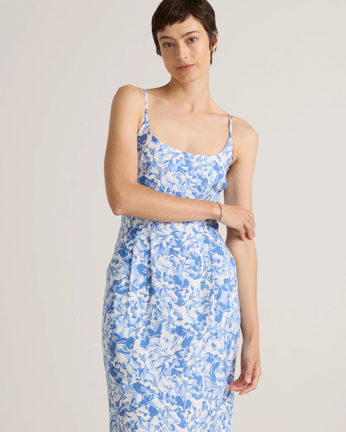100% European Linen Scoop Neck Midi Dress - XS / Ivory Porcelain Blue Petite Floral