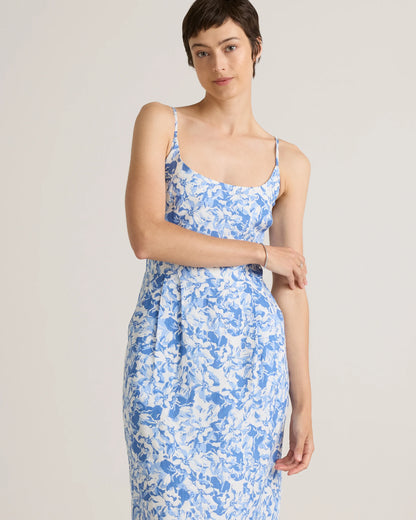100% European Linen Scoop Neck Midi Dress - XS / Ivory Porcelain Blue Petite Floral