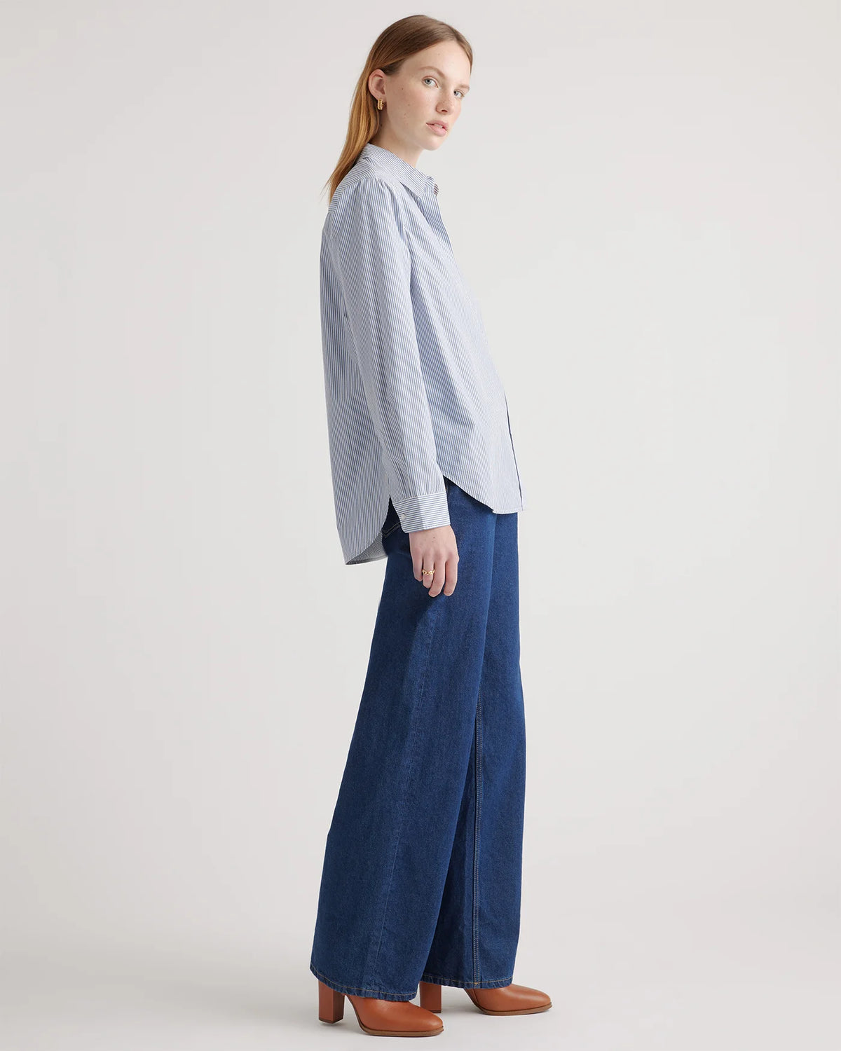 100% Organic Cotton Poplin Long Sleeve Shirt - XS / Delta Blue Double Stripe