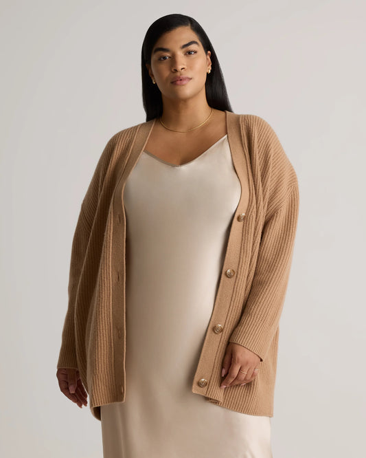 Mongolian Cashmere Oversized Boyfriend Cardigan Sweater - 1X / Camel