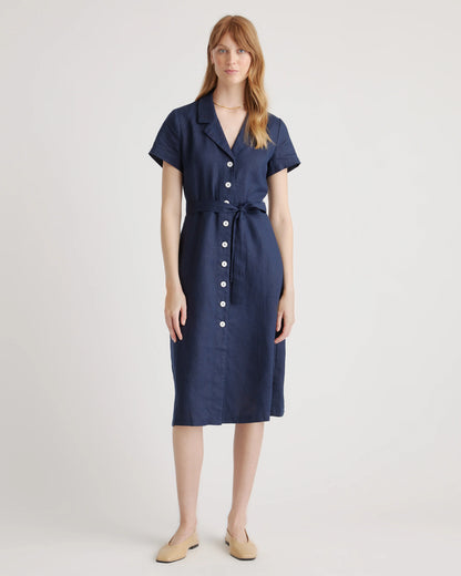 100% European Linen Button Front Dress - XS / Sky Blue Mariner Stripe