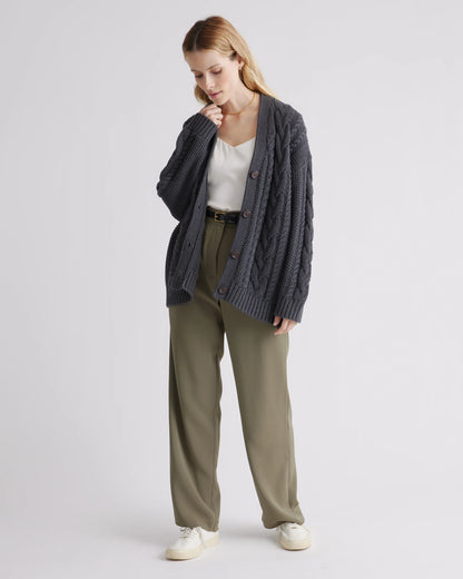 100% Organic Cotton Oversized Cable Cardigan - XS / Heather Brown