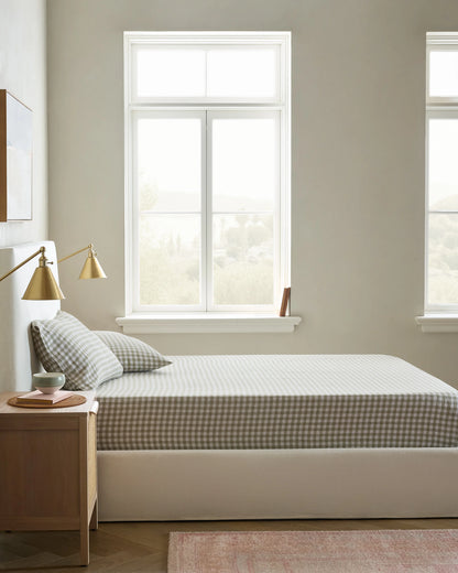 European Linen Gingham Fitted Sheet Set - Twin / Blue Fog