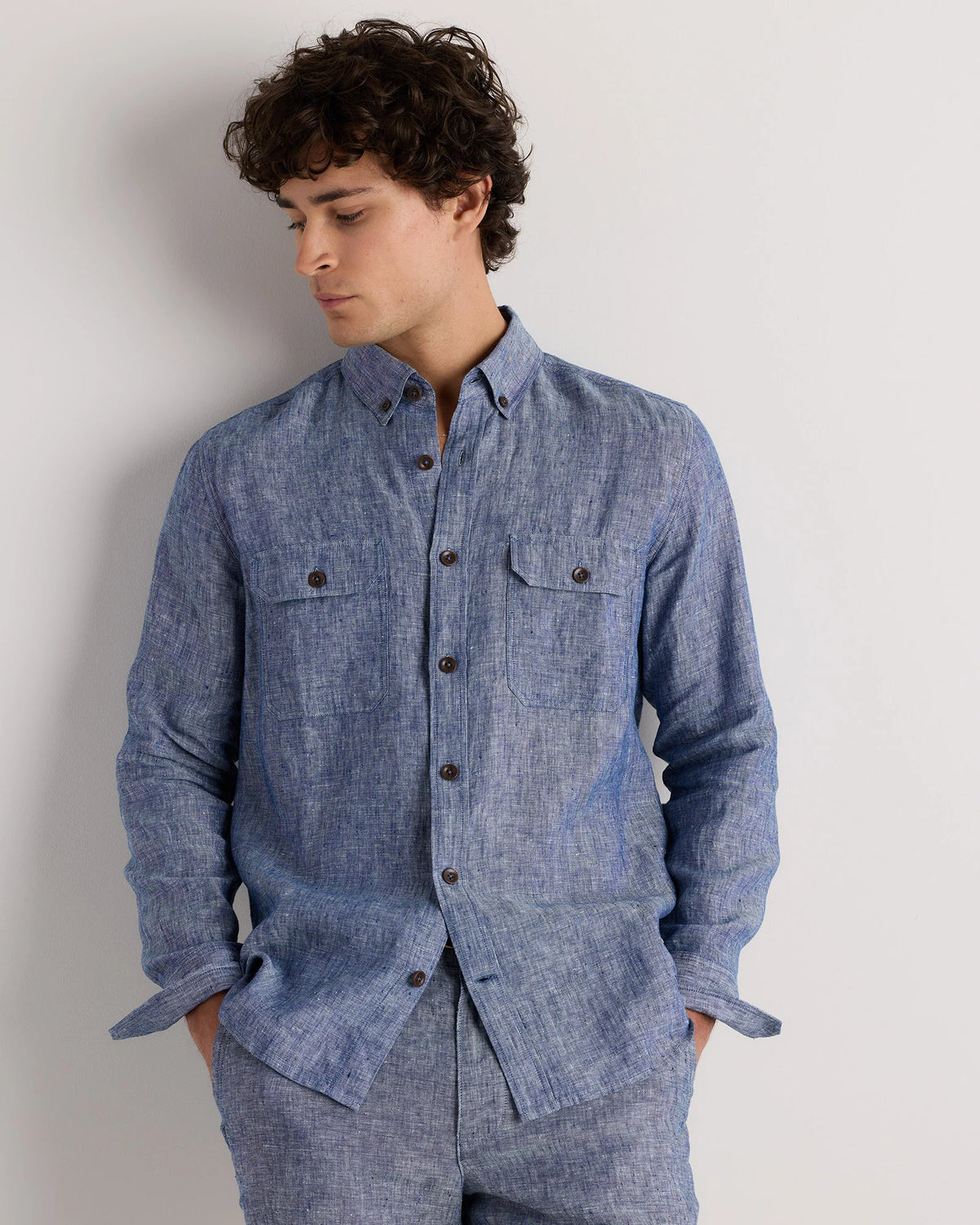 100% European Linen Utility Shirt - S / Taupe Brown Chambray